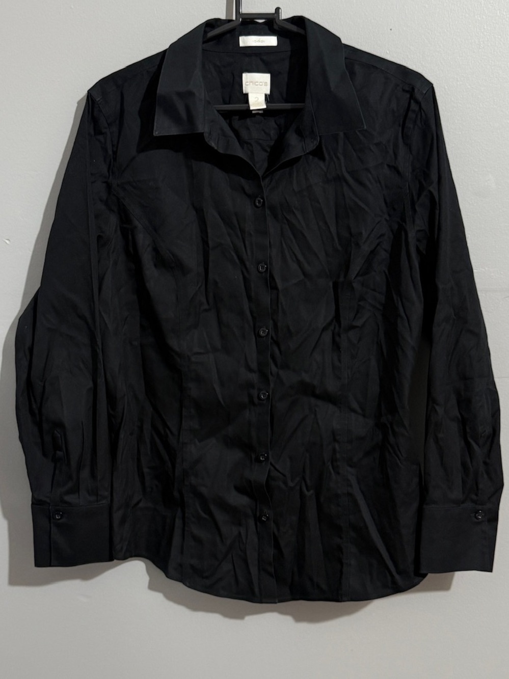 Chicos Shirt Womens Large 2 Button Up Classic Black Non Iron Career Capsule